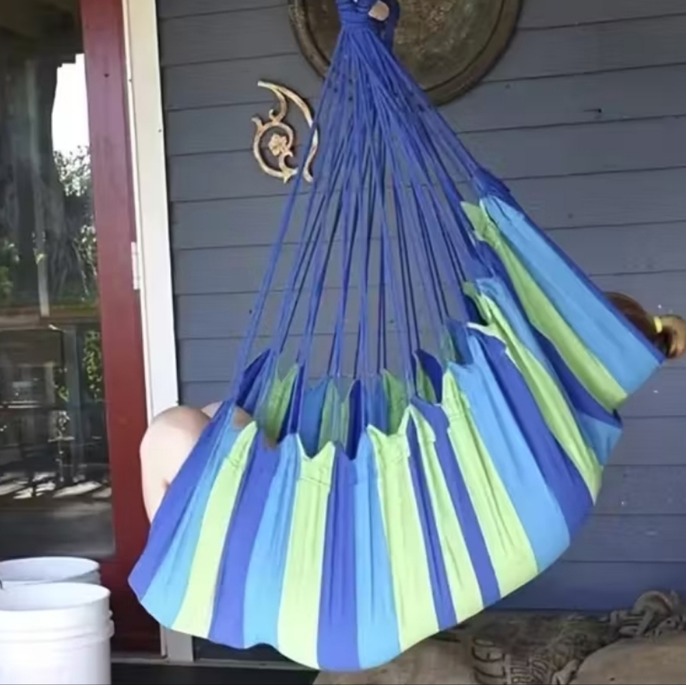 Striped Blue and Green Hammock Chair - Picture 3 of 4